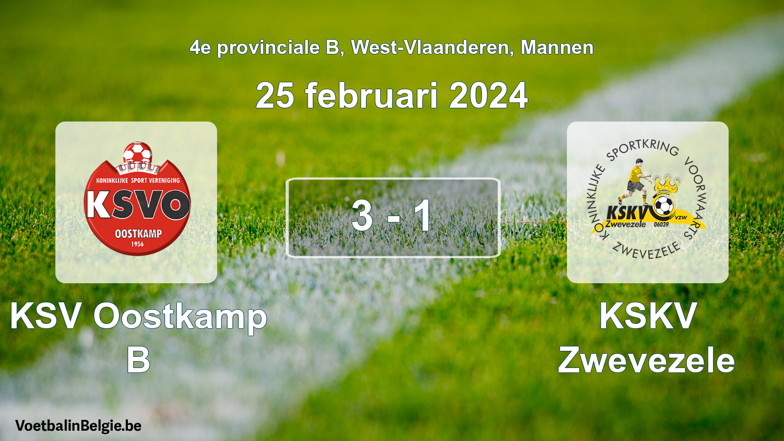 Gespeelde wedstrijd mannenvoetbal: KSV Oostkamp B - KSKV Zwevezele 3 - 1 (25 februari 2024)