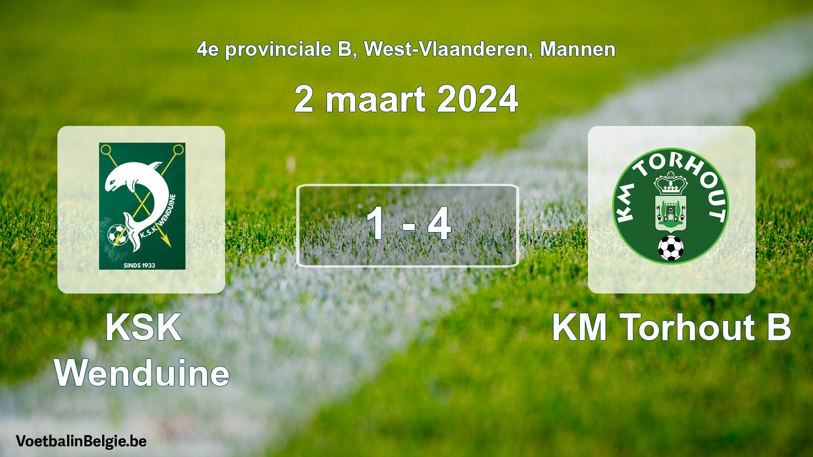 Gespeelde wedstrijd mannenvoetbal: KSK Wenduine - KM Torhout B 1 - 4 (2 maart 2024)
