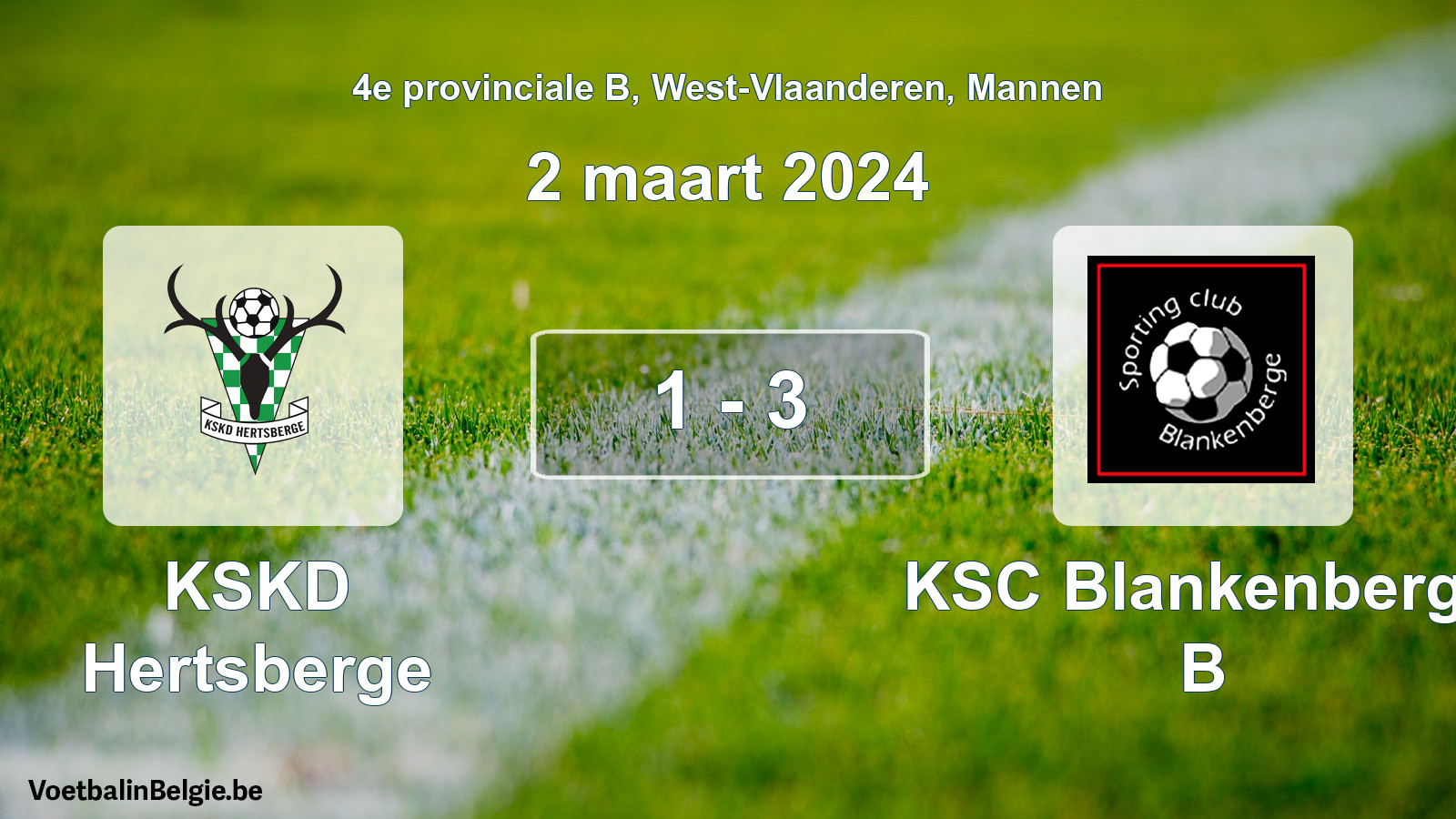 Gespeelde wedstrijd mannenvoetbal: KSKD Hertsberge - KSC Blankenberge B 1 - 3 (2 maart 2024)