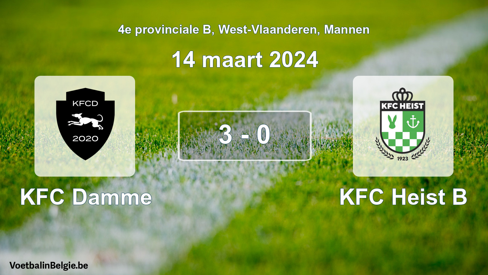 Gespeelde wedstrijd mannenvoetbal: KFC Damme - KFC Heist B 3 - 0 (14 maart 2024)