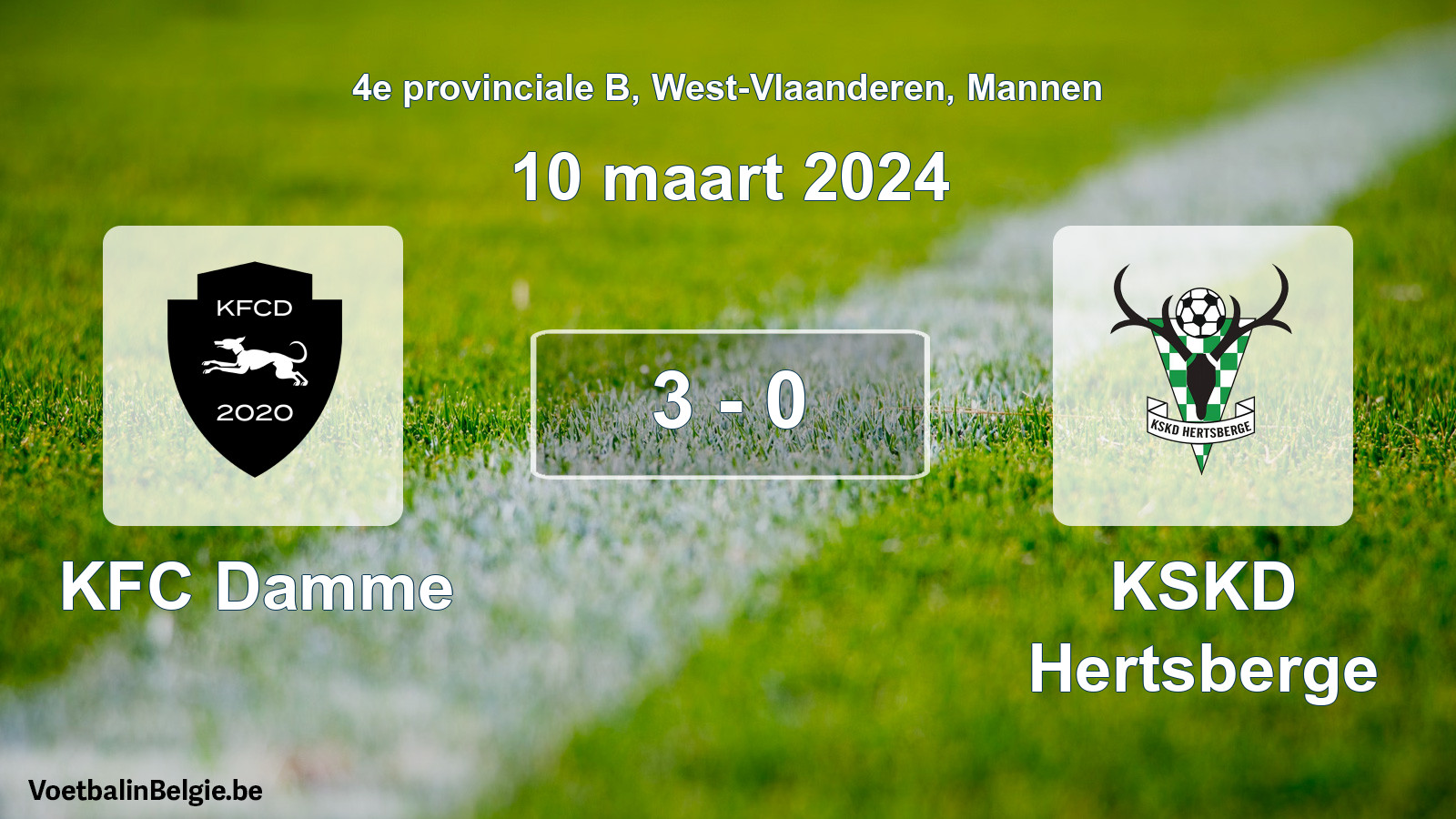 Gespeelde wedstrijd mannenvoetbal: KFC Damme - KSKD Hertsberge 3 - 0 (10 maart 2024)