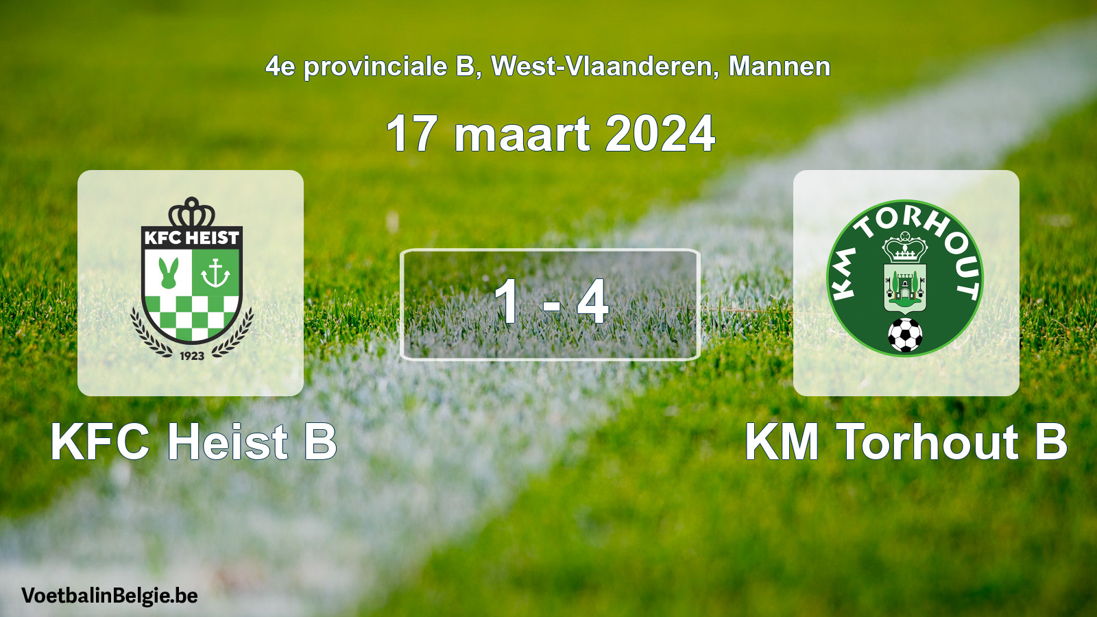Gespeelde wedstrijd mannenvoetbal: KFC Heist B - KM Torhout B 1 - 4 (17 maart 2024)