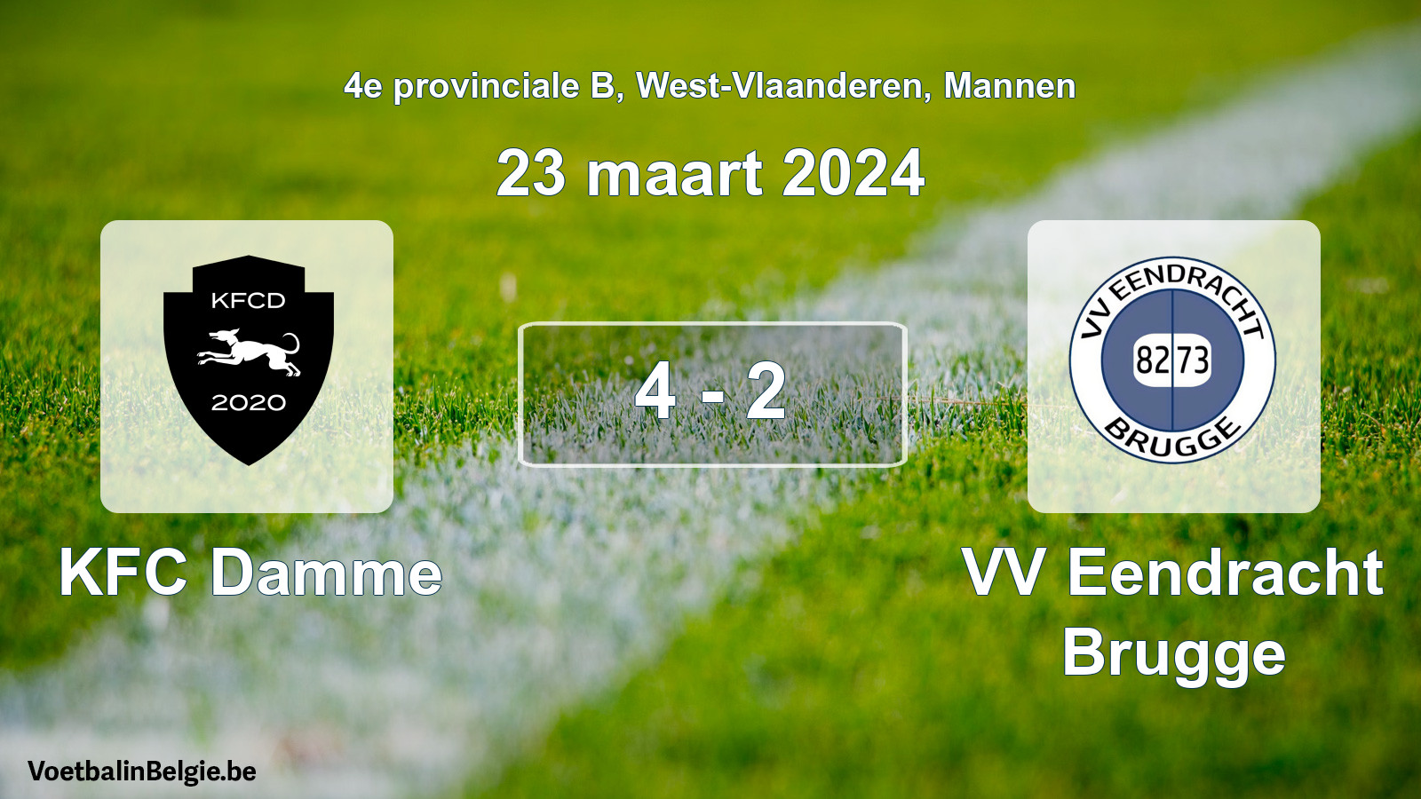 Gespeelde wedstrijd mannenvoetbal: KFC Damme - VV Eendracht Brugge 4 - 2 (23 maart 2024)