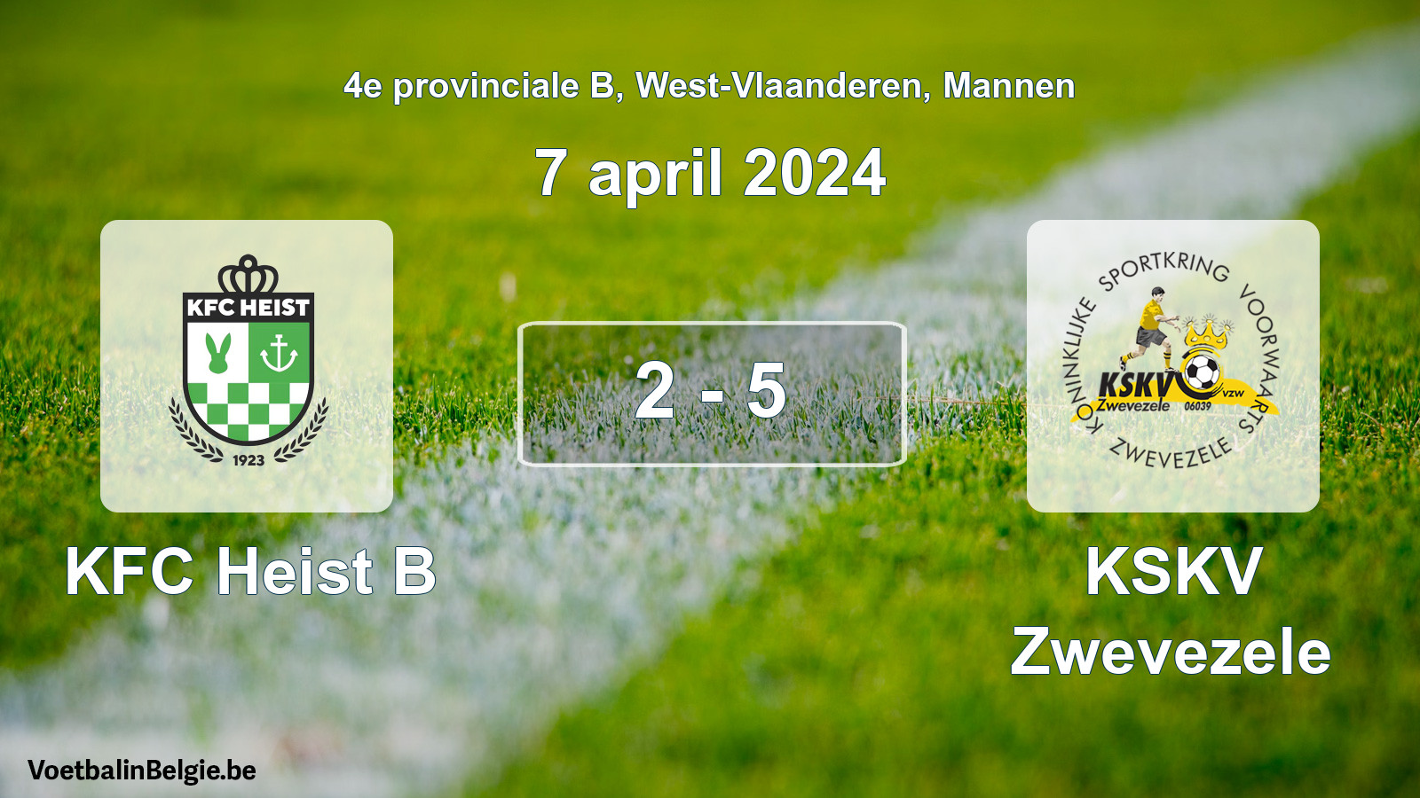 Gespeelde wedstrijd mannenvoetbal: KFC Heist B - KSKV Zwevezele 2 - 5 (7 april 2024)