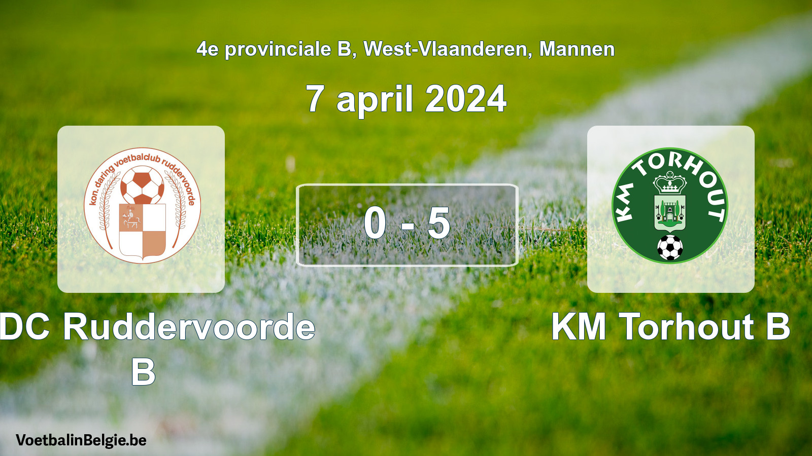 Gespeelde wedstrijd mannenvoetbal: KDC Ruddervoorde B - KM Torhout B 0 - 5 (7 april 2024)