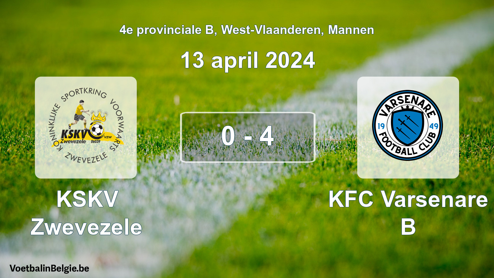 Gespeelde wedstrijd mannenvoetbal: KSKV Zwevezele - KFC Varsenare B 0 - 4 (13 april 2024)