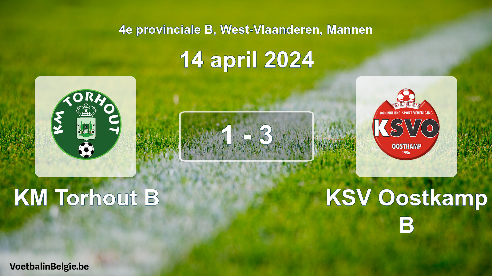 Gespeelde wedstrijd mannenvoetbal: KM Torhout B - KSV Oostkamp B 1 - 3 (14 april 2024)