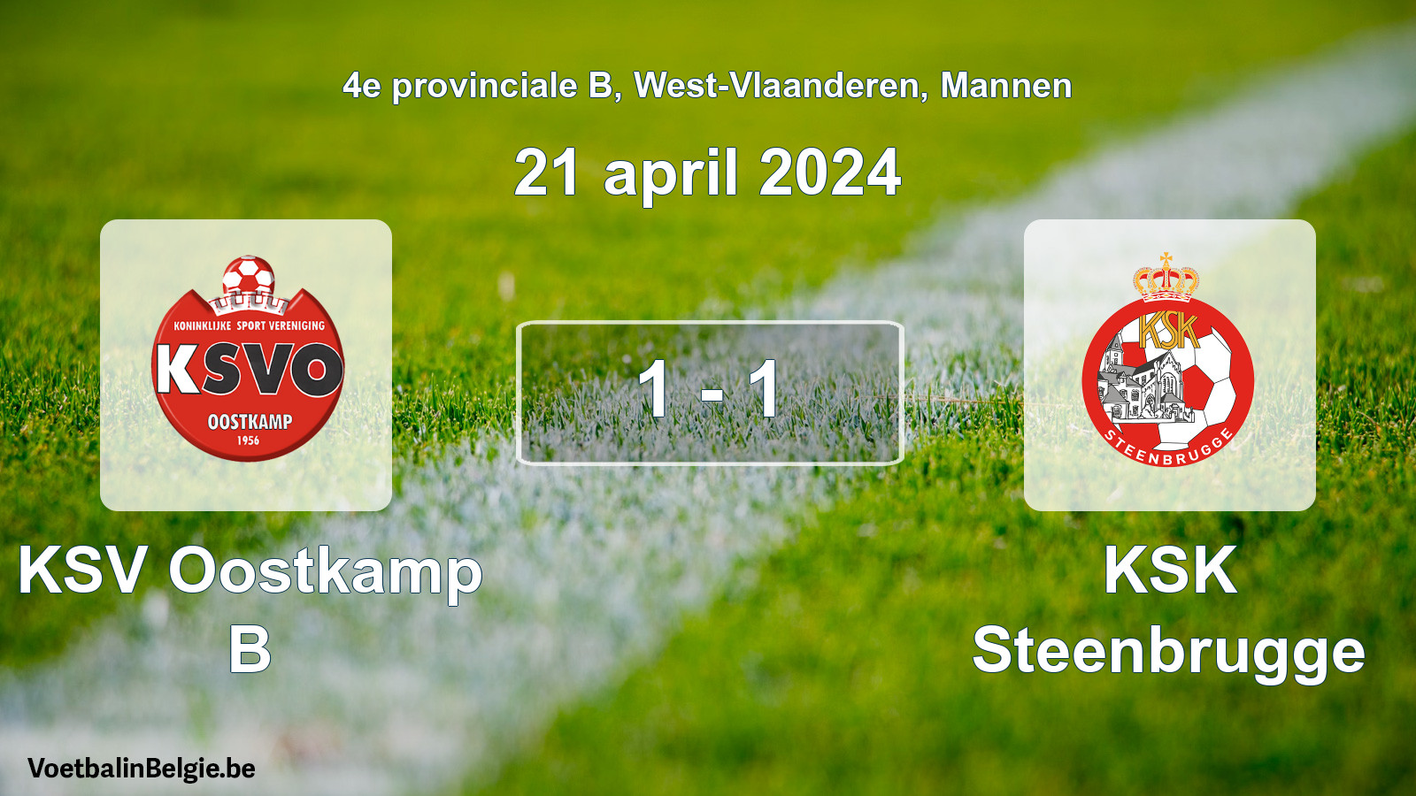Gespeelde wedstrijd mannenvoetbal: KSV Oostkamp B - KSK Steenbrugge 1 - 1 (21 april 2024)