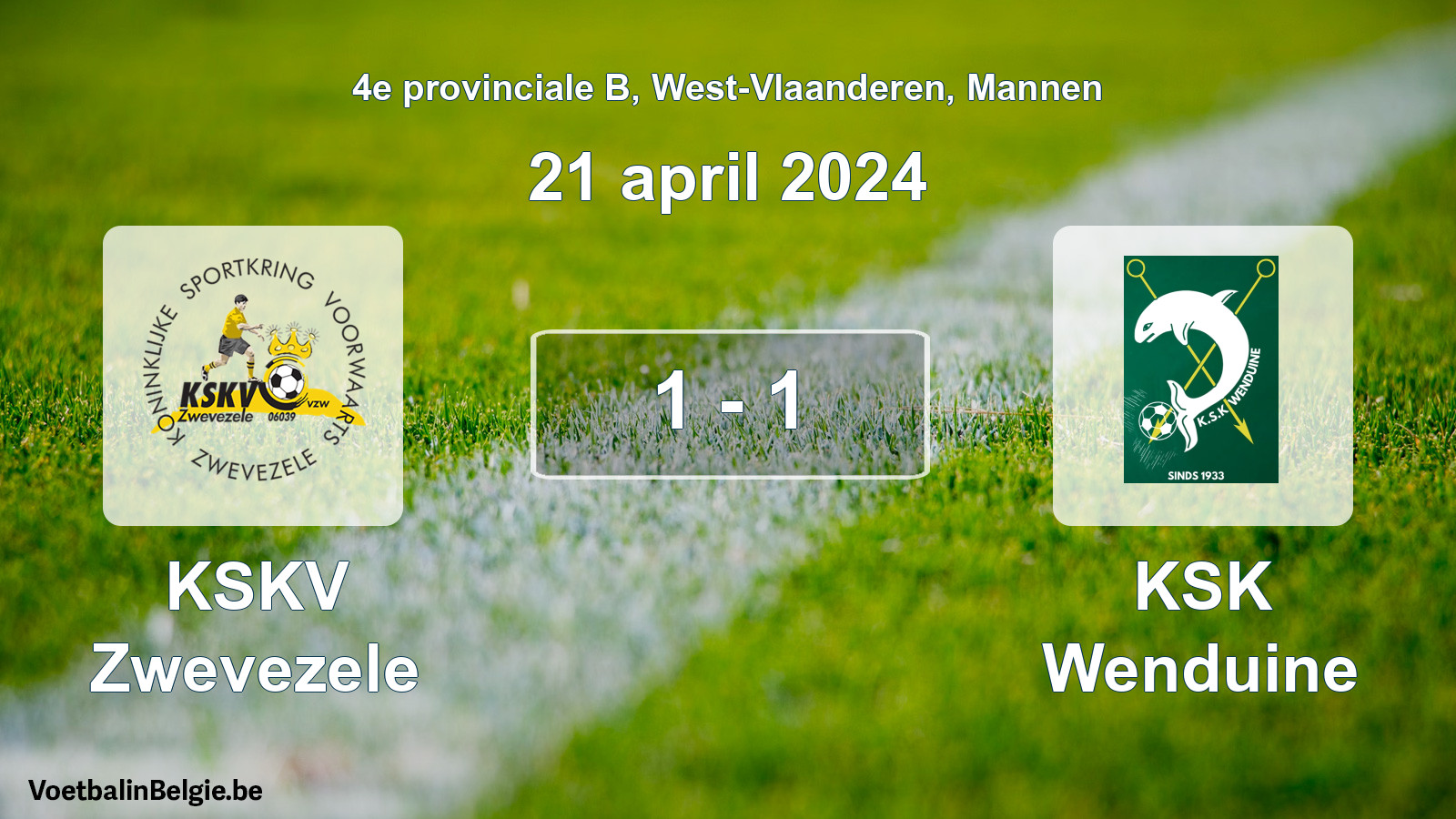 Gespeelde wedstrijd mannenvoetbal: KSKV Zwevezele - KSK Wenduine 1 - 1 (21 april 2024)
