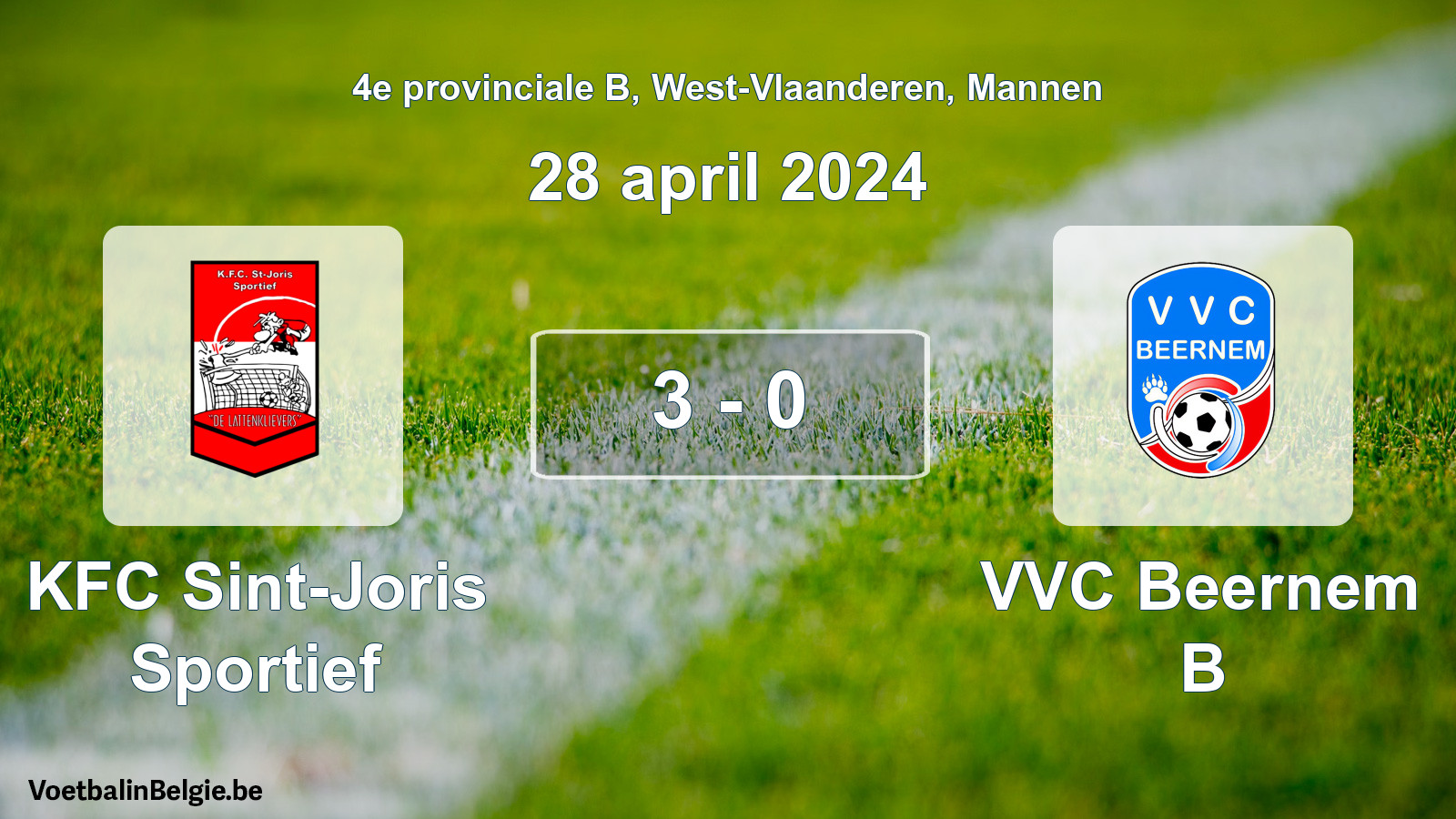 Gespeelde wedstrijd mannenvoetbal: KFC Sint-Joris Sportief - VVC Beernem B 3 - 0 (28 april 2024)