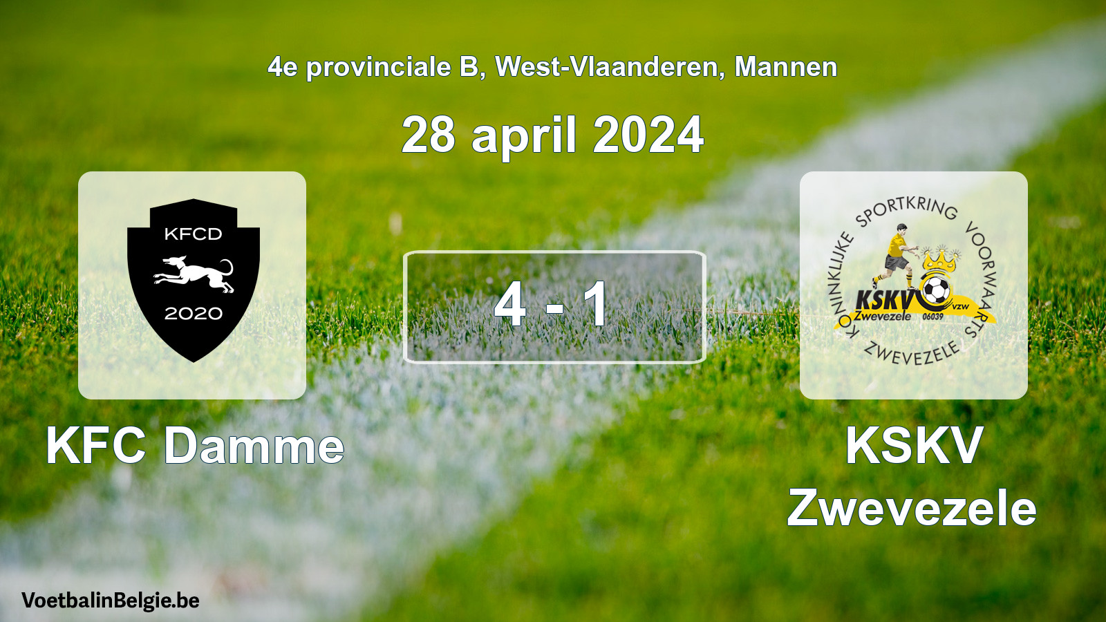 Gespeelde wedstrijd mannenvoetbal: KFC Damme - KSKV Zwevezele 4 - 1 (28 april 2024)