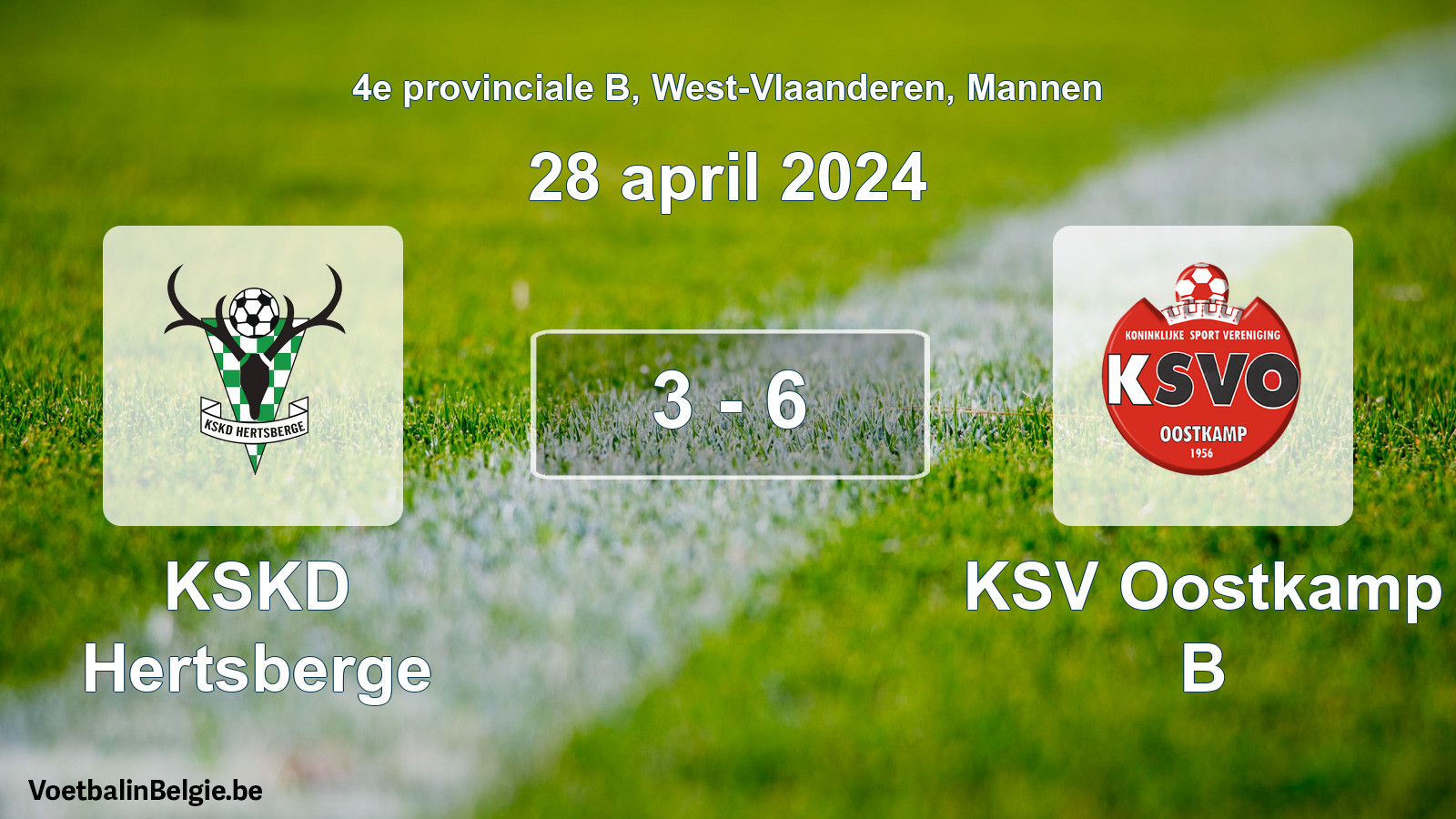 Gespeelde wedstrijd mannenvoetbal: KSKD Hertsberge - KSV Oostkamp B 3 - 6 (28 april 2024)