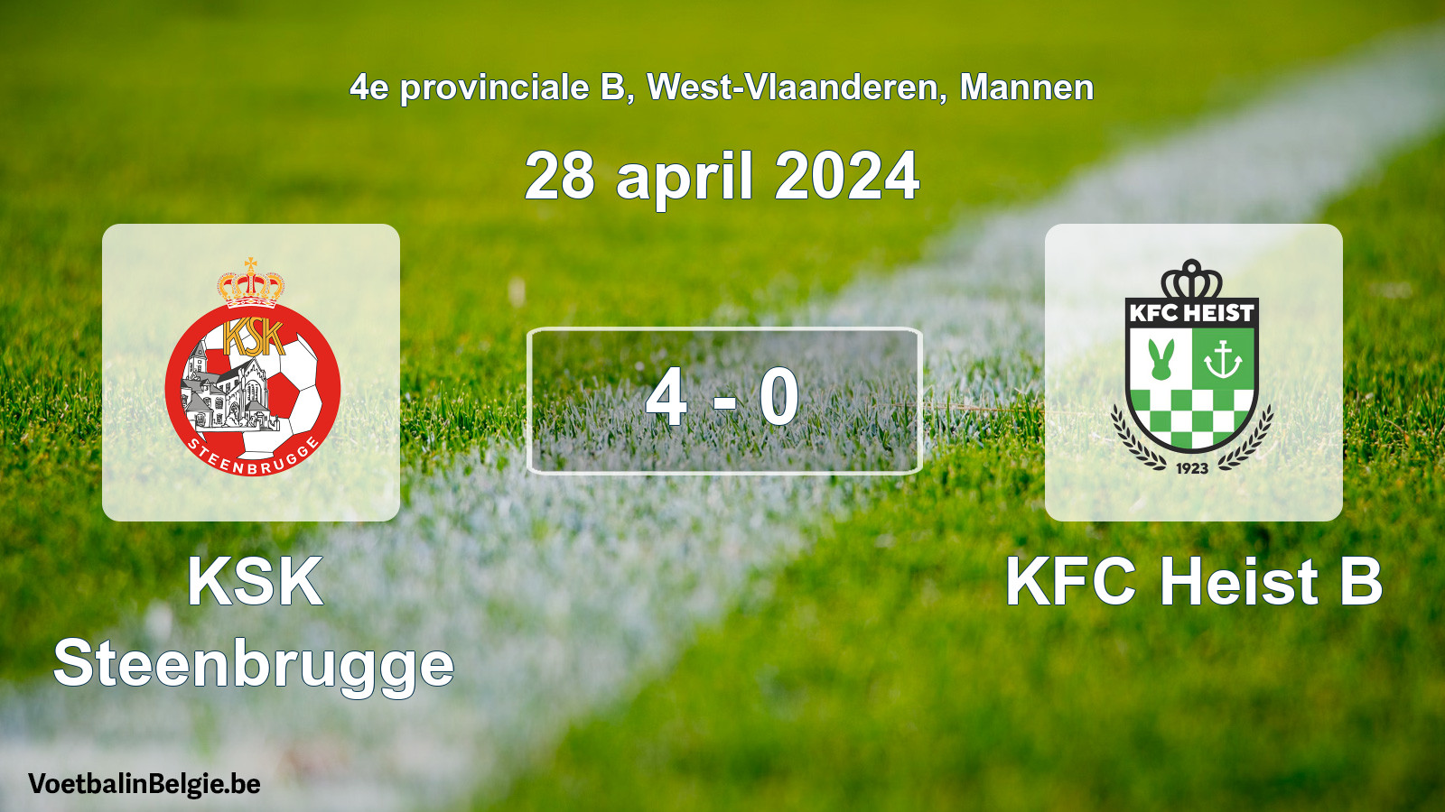 Gespeelde wedstrijd mannenvoetbal: KSK Steenbrugge - KFC Heist B 4 - 0 (28 april 2024)