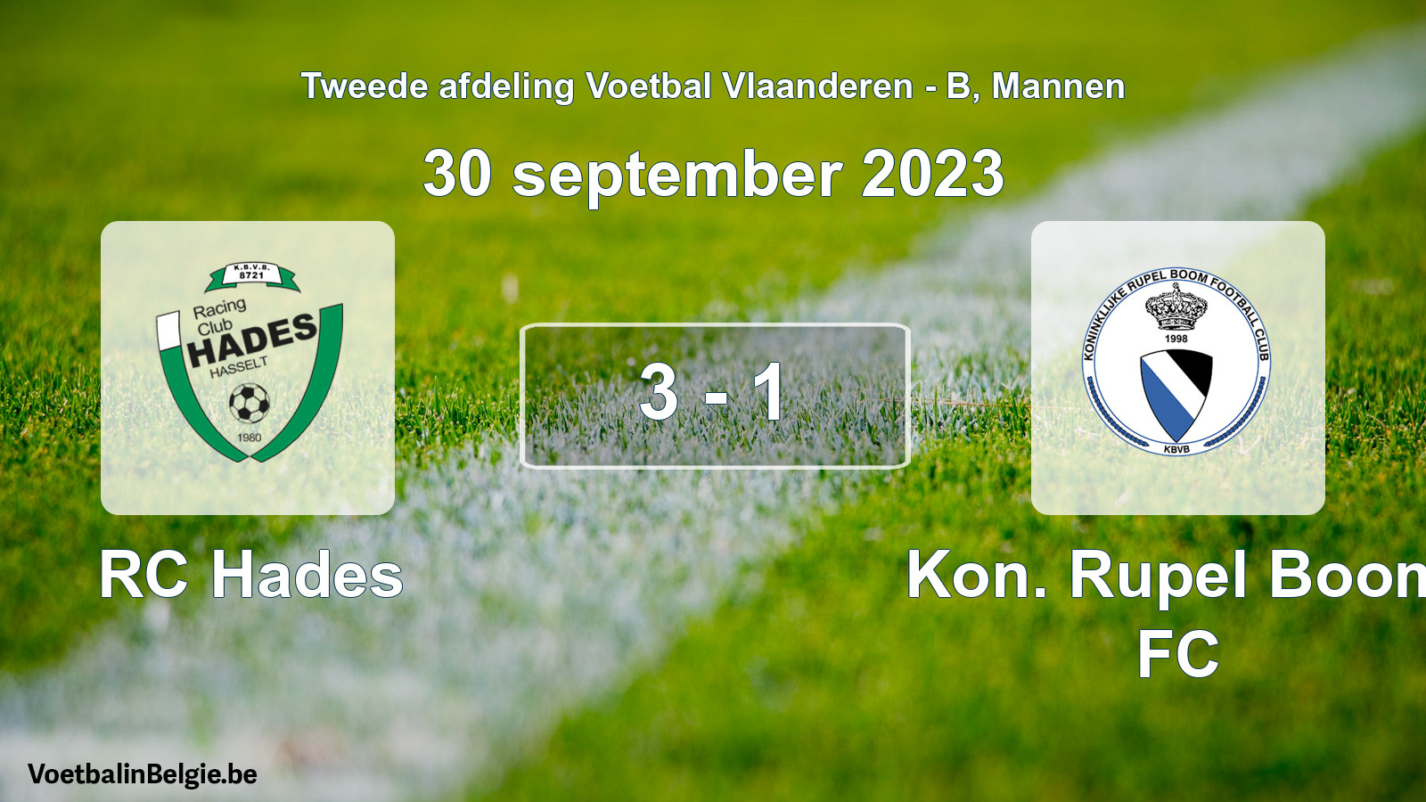 Gespeelde wedstrijd mannenvoetbal: RC Hades - Kon. Rupel Boom FC 3 - 1 (30 september 2023)