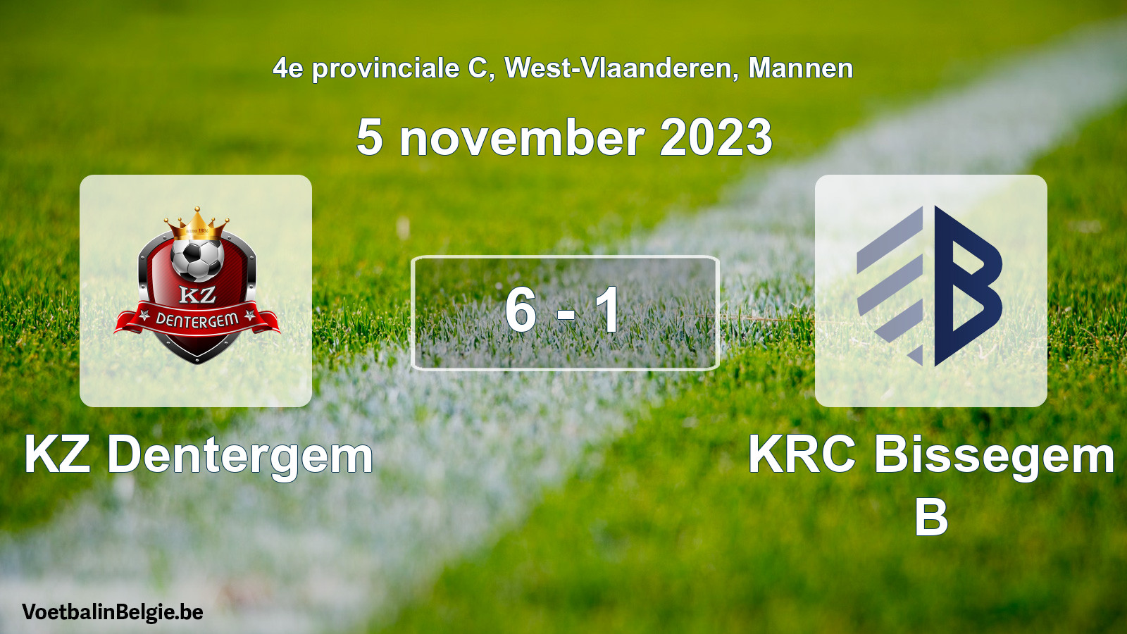 Gespeelde wedstrijd mannenvoetbal: KZ Dentergem - KRC Bissegem B 6 - 1 (5 november 2023)