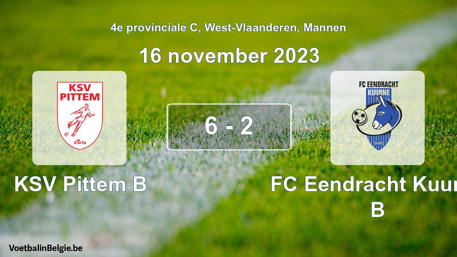 Gespeelde wedstrijd mannenvoetbal: KSV Pittem B - FC Eendracht Kuurne B 6 - 2 (16 november 2023)