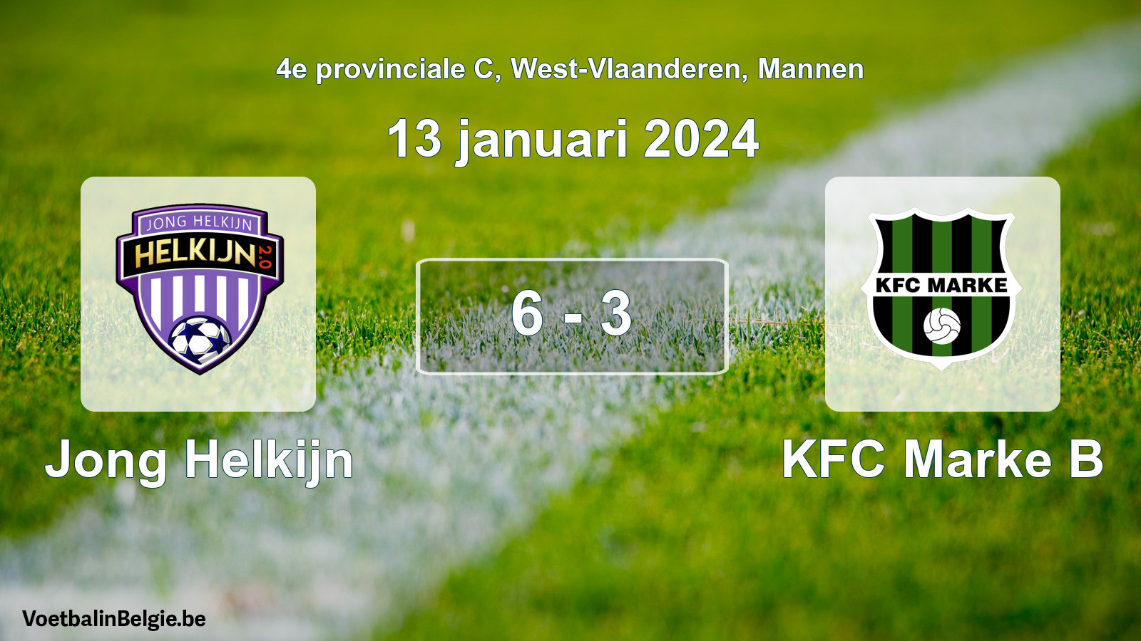 Gespeelde wedstrijd mannenvoetbal: Jong Helkijn - KFC Marke B 6 - 3 (13 januari 2024)
