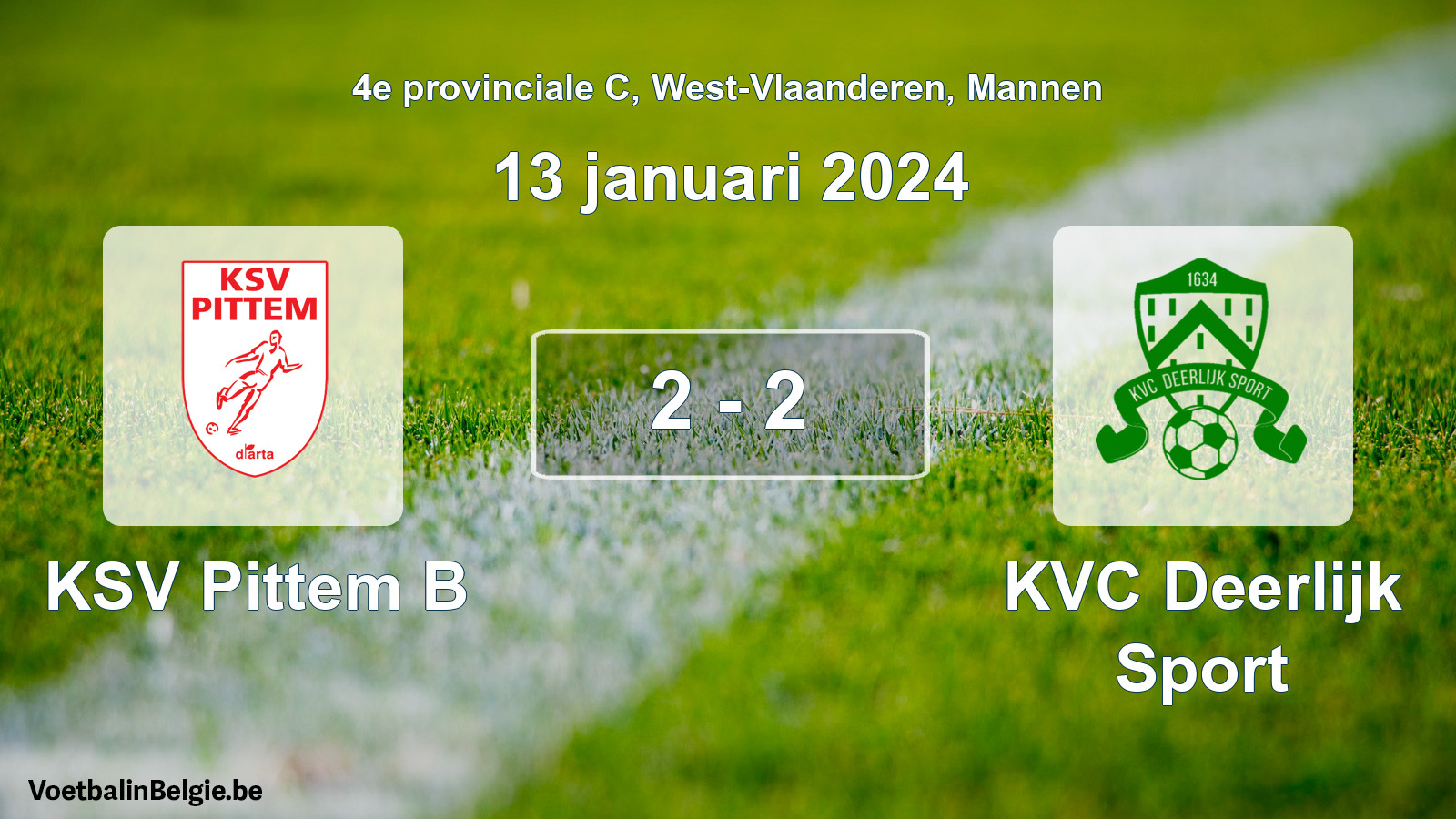Gespeelde wedstrijd mannenvoetbal: KSV Pittem B - KVC Deerlijk Sport 2 - 2 (13 januari 2024)