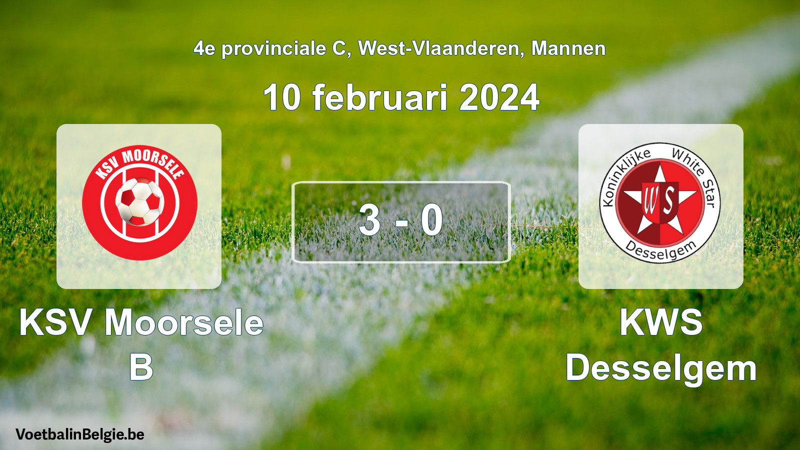 Gespeelde wedstrijd mannenvoetbal: KSV Moorsele B - KWS Desselgem 3 - 0 (10 februari 2024)