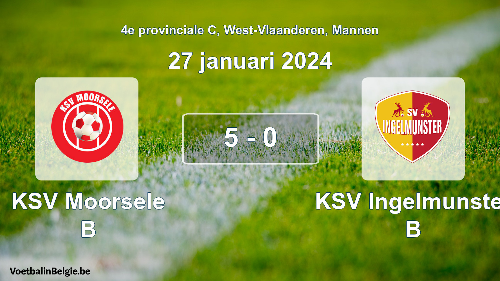 Gespeelde wedstrijd mannenvoetbal: KSV Moorsele B - KSV Ingelmunster B 5 - 0 (27 januari 2024)