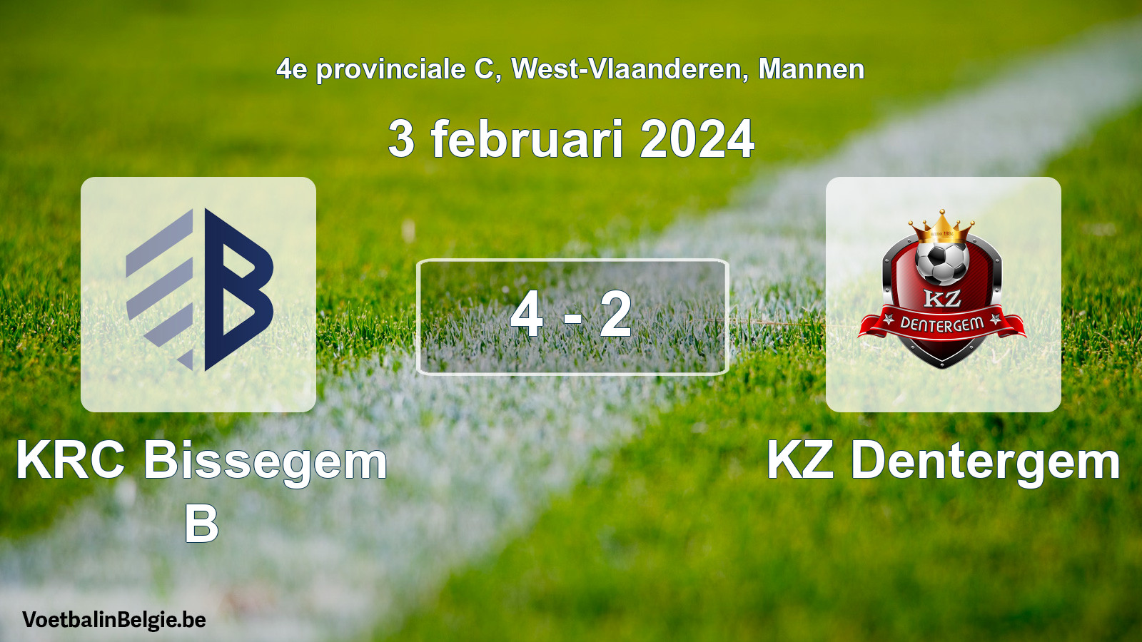 Gespeelde wedstrijd mannenvoetbal: KRC Bissegem B - KZ Dentergem 4 - 2 (3 februari 2024)