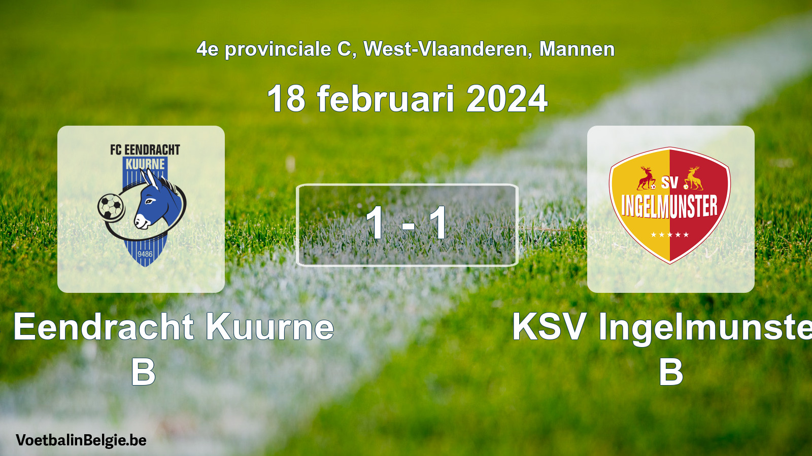 Gespeelde wedstrijd mannenvoetbal: FC Eendracht Kuurne B - KSV Ingelmunster B 1 - 1 (18 februari 2024)