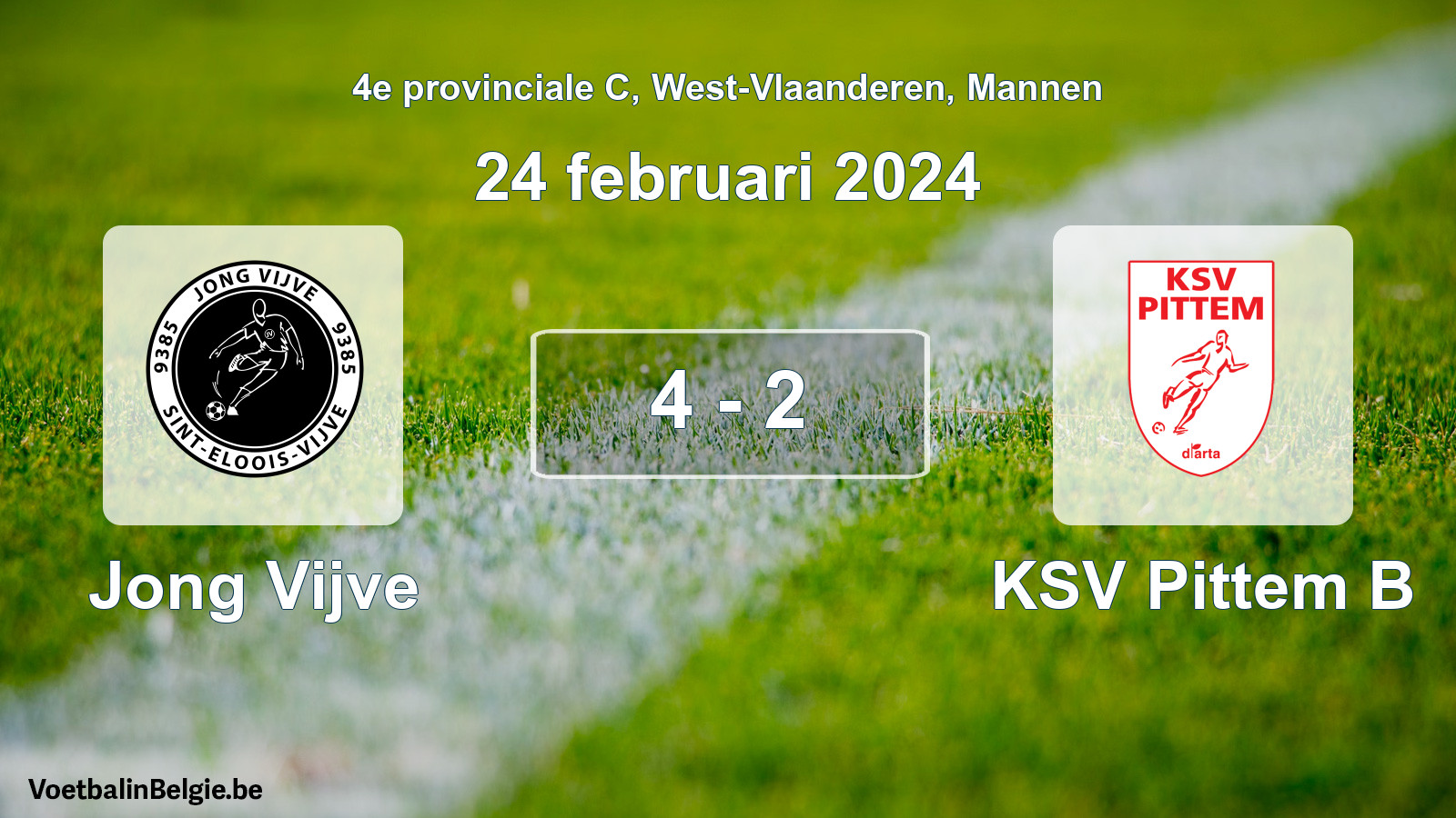 Gespeelde wedstrijd mannenvoetbal: Jong Vijve - KSV Pittem B 4 - 2 (24 februari 2024)