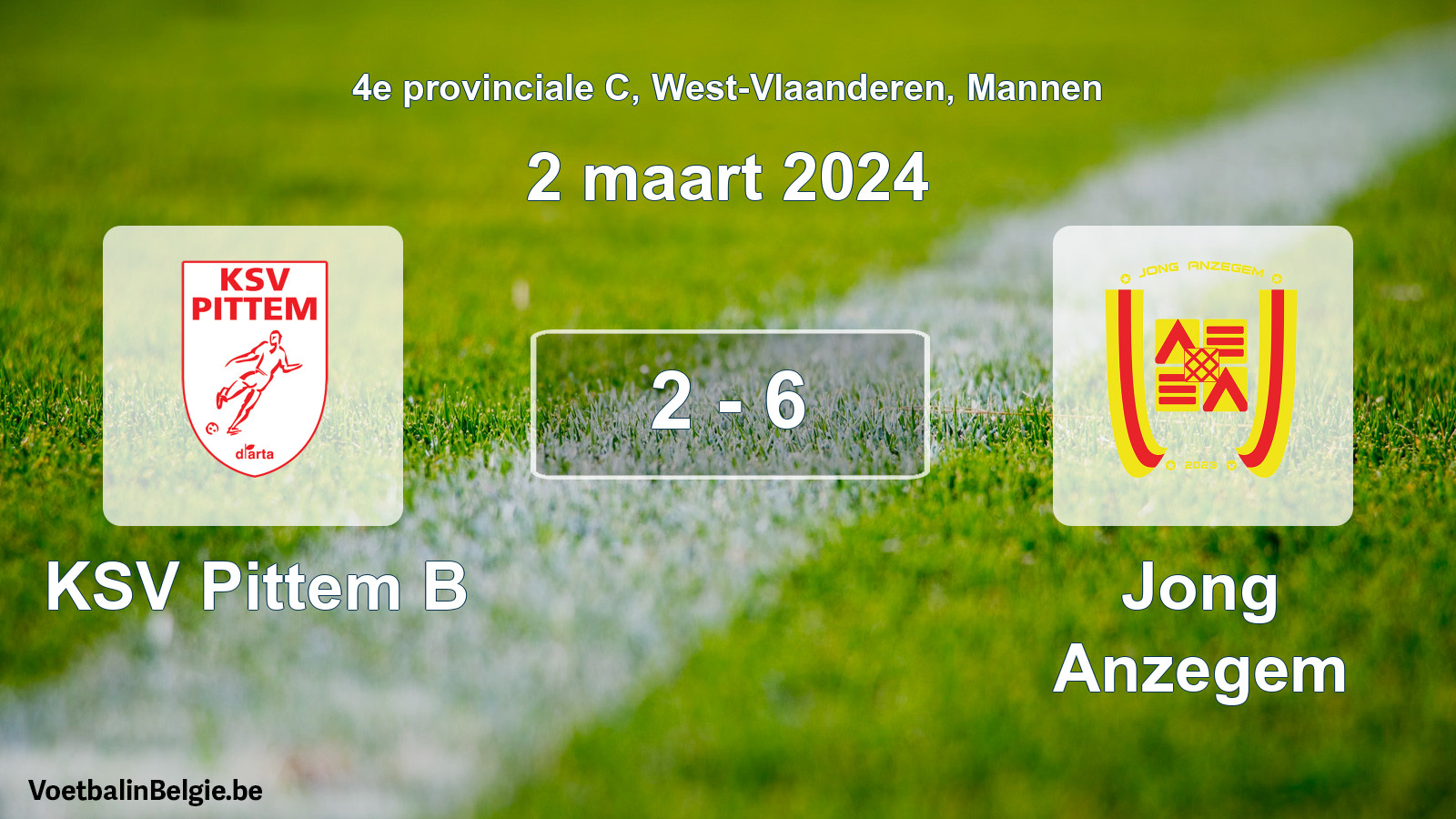 Gespeelde wedstrijd mannenvoetbal: KSV Pittem B - Jong Anzegem 2 - 6 (2 maart 2024)