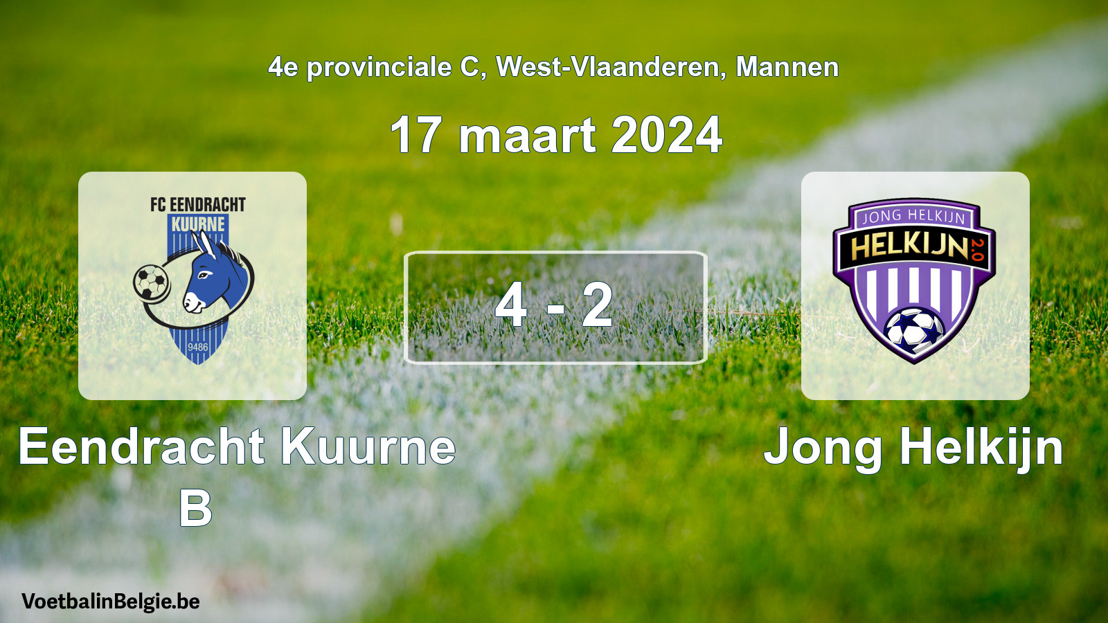 Gespeelde wedstrijd mannenvoetbal: FC Eendracht Kuurne B - Jong Helkijn 4 - 2 (17 maart 2024)
