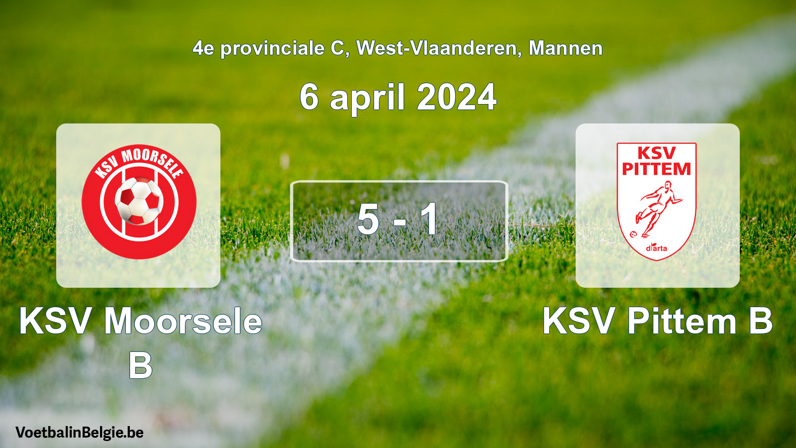 Gespeelde wedstrijd mannenvoetbal: KSV Moorsele B - KSV Pittem B 5 - 1 (6 april 2024)