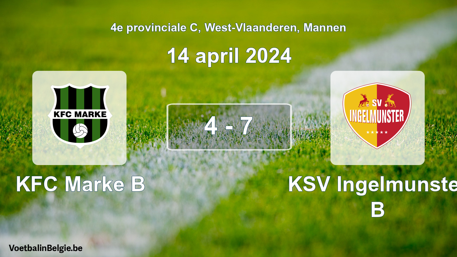Gespeelde wedstrijd mannenvoetbal: KFC Marke B - KSV Ingelmunster B 4 - 7 (14 april 2024)
