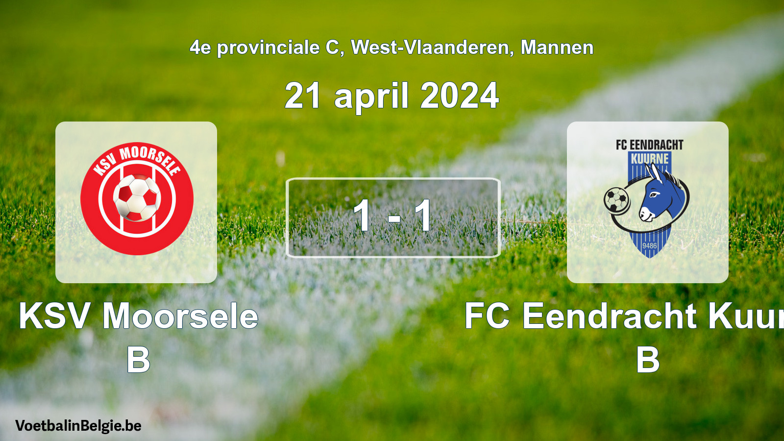 Gespeelde wedstrijd mannenvoetbal: KSV Moorsele B - FC Eendracht Kuurne B 1 - 1 (21 april 2024)