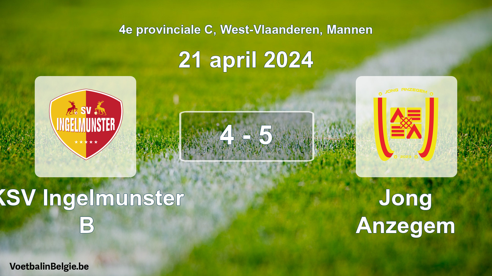 Gespeelde wedstrijd mannenvoetbal: KSV Ingelmunster B - Jong Anzegem 4 - 5 (21 april 2024)