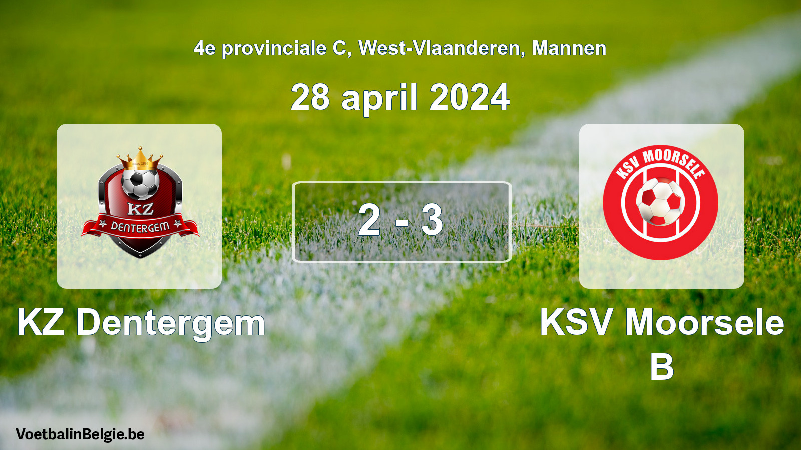 Gespeelde wedstrijd mannenvoetbal: KZ Dentergem - KSV Moorsele B 2 - 3 (28 april 2024)