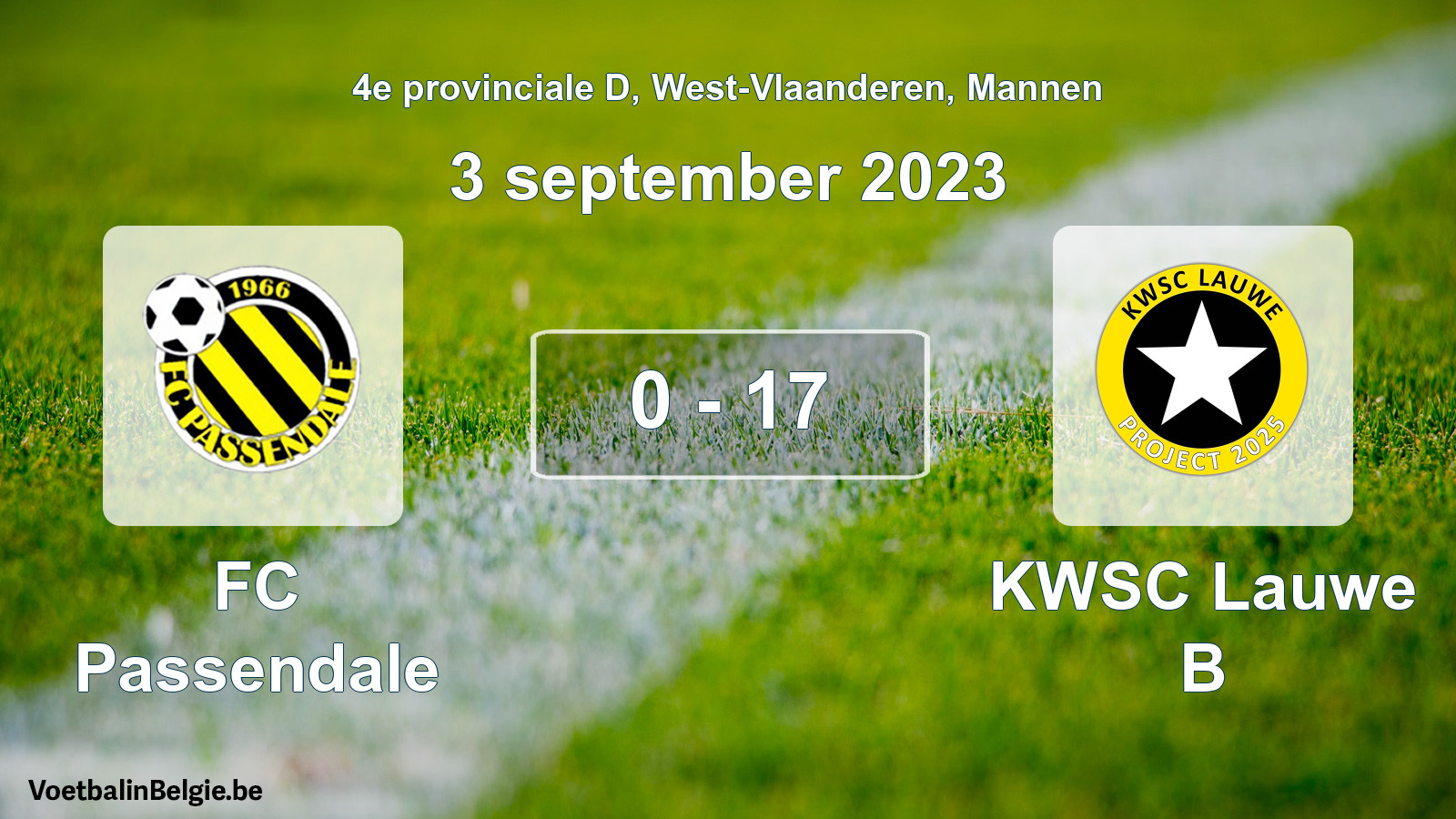 Gespeelde wedstrijd mannenvoetbal: FC Passendale - KWSC Lauwe B 0 - 17 (3 september 2023)