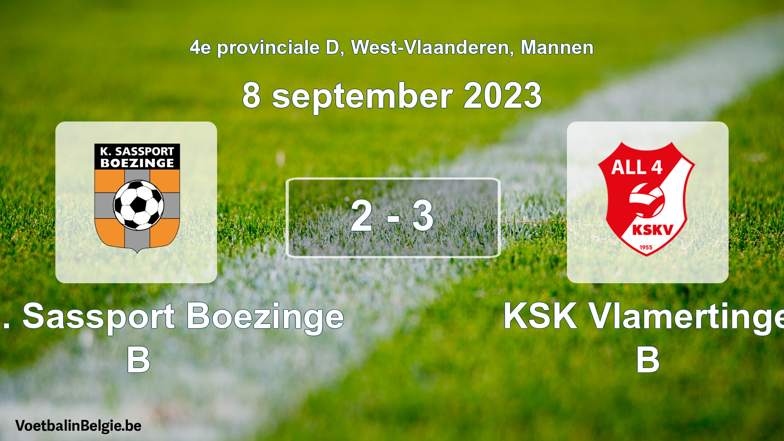 Gespeelde wedstrijd mannenvoetbal: Kon. Sassport Boezinge B - KSK Vlamertinge B 2 - 3 (8 september 2023)