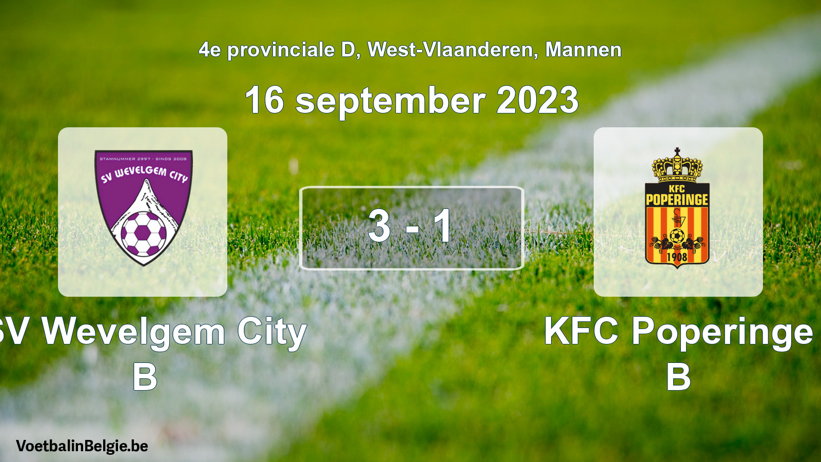Gespeelde wedstrijd mannenvoetbal: SV Wevelgem City B - KFC Poperinge B 3 - 1 (16 september 2023)