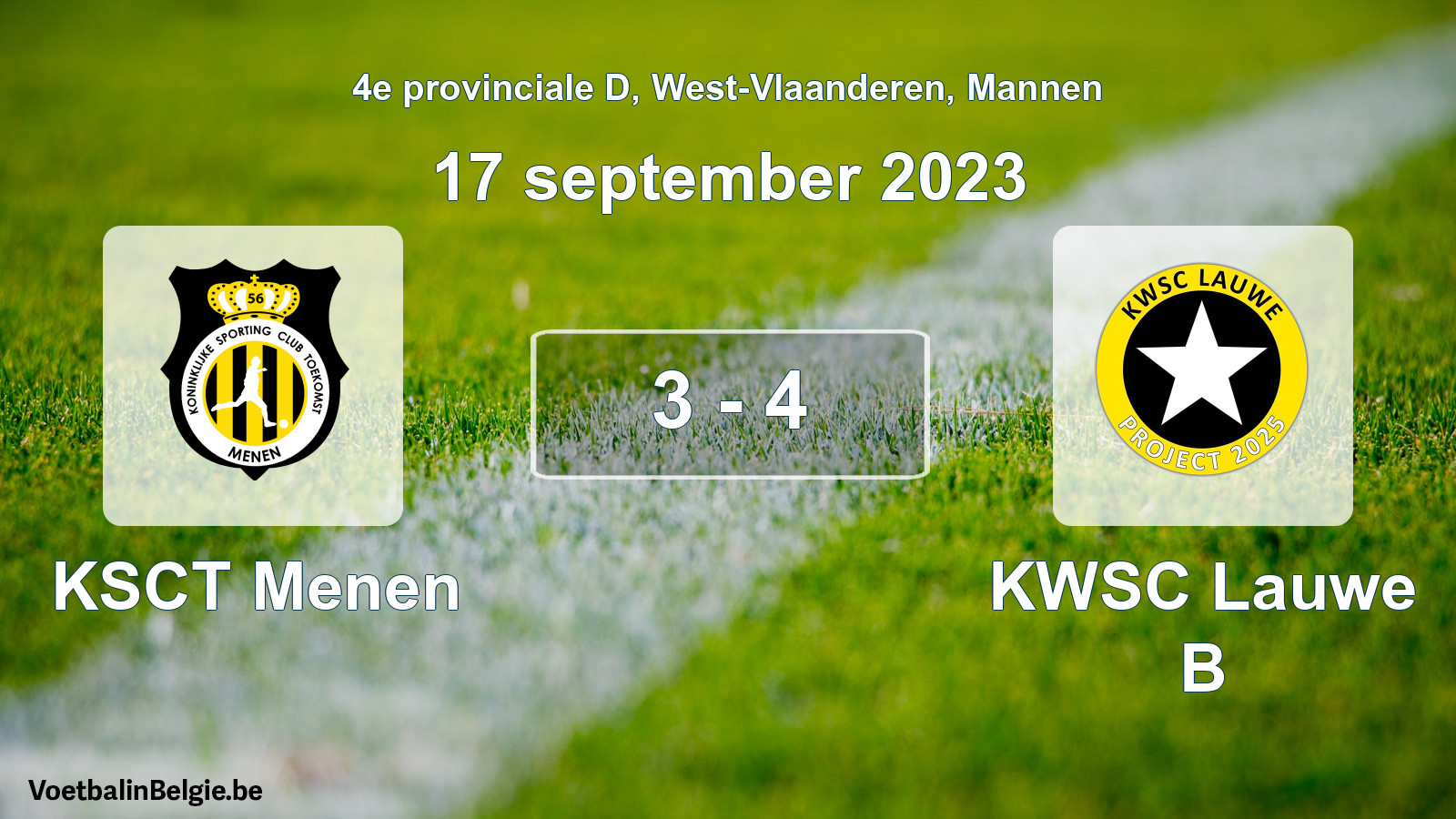 Gespeelde wedstrijd mannenvoetbal: KSCT Menen - KWSC Lauwe B 3 - 4 (17 september 2023)