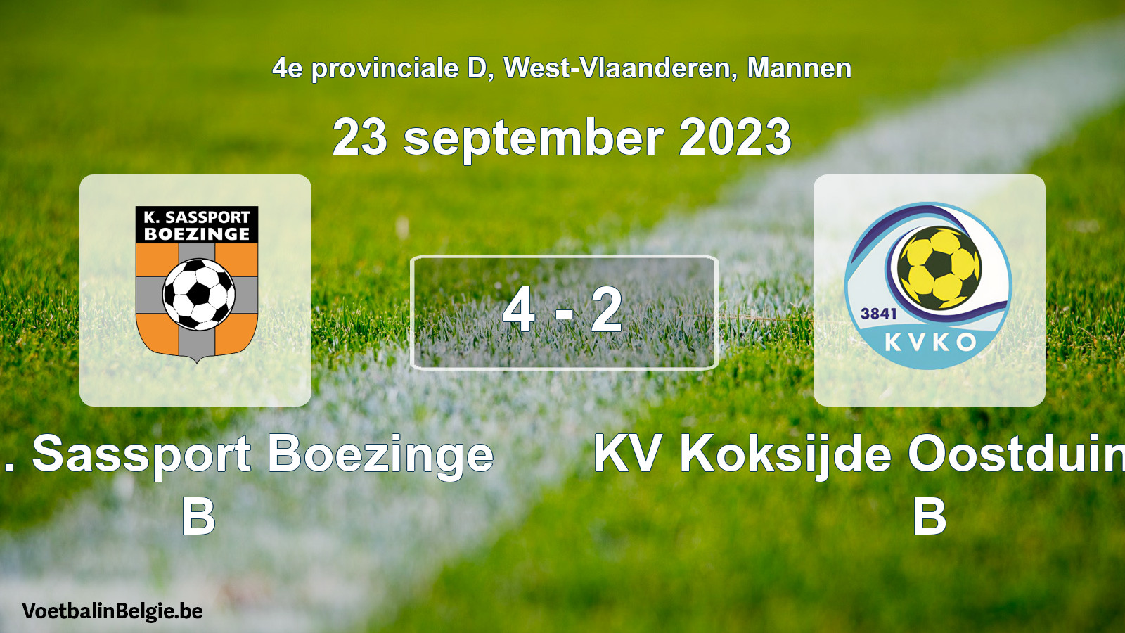 Gespeelde wedstrijd mannenvoetbal: Kon. Sassport Boezinge B - KV Koksijde Oostduinkerke B 4 - 2 (23 september 2023)