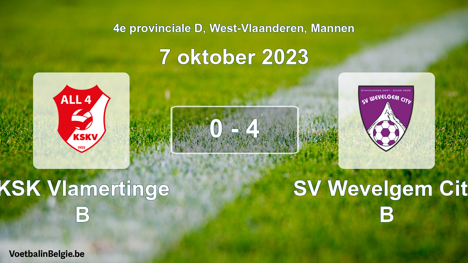 Gespeelde wedstrijd mannenvoetbal: KSK Vlamertinge B - SV Wevelgem City B 0 - 4 (7 oktober 2023)
