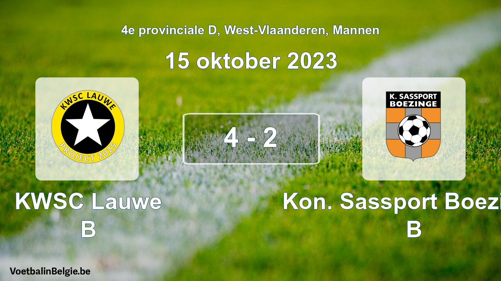 Gespeelde wedstrijd mannenvoetbal: KWSC Lauwe B - Kon. Sassport Boezinge B 4 - 2 (15 oktober 2023)