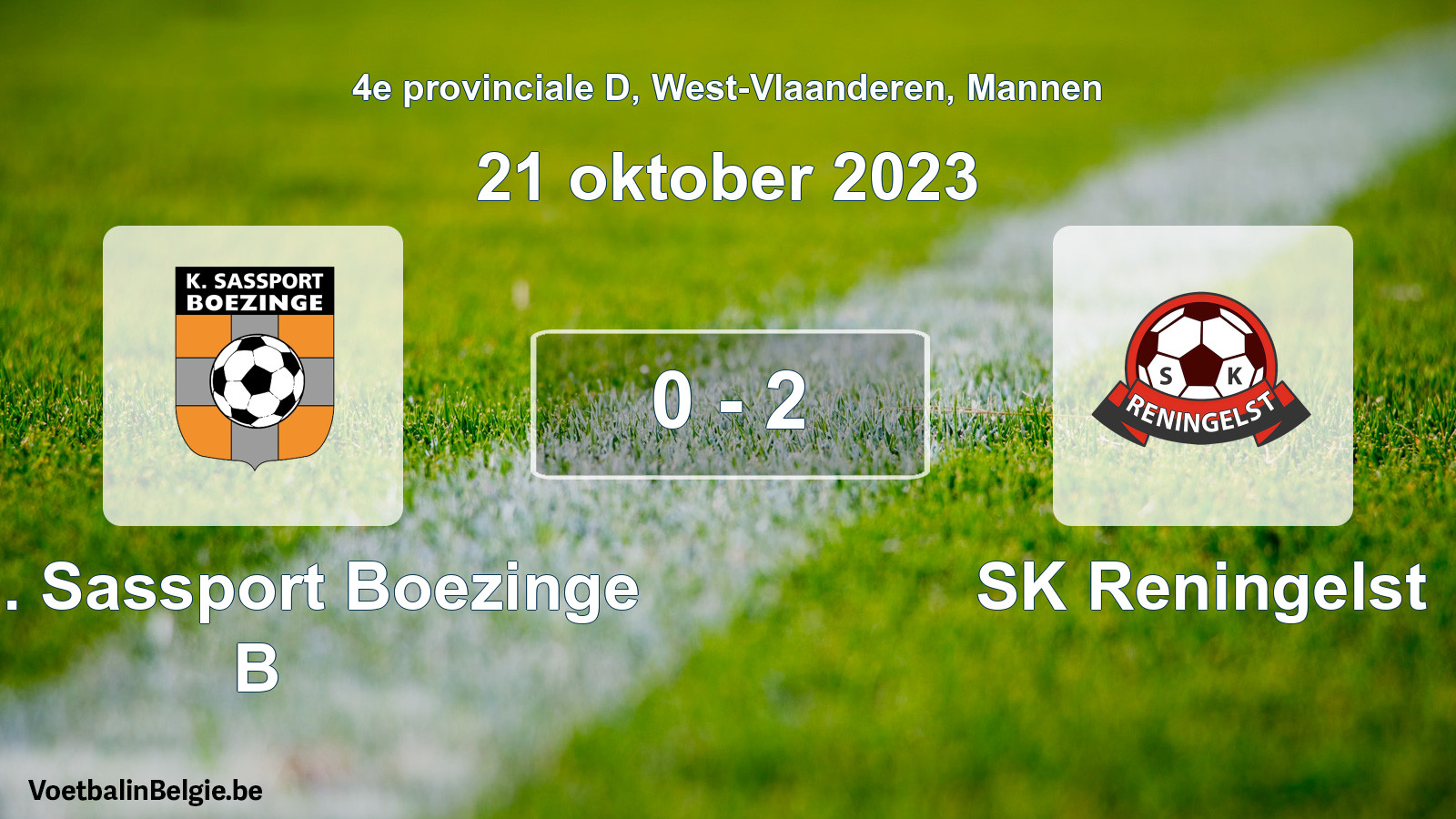 Gespeelde wedstrijd mannenvoetbal: Kon. Sassport Boezinge B - SK Reningelst 0 - 2 (21 oktober 2023)