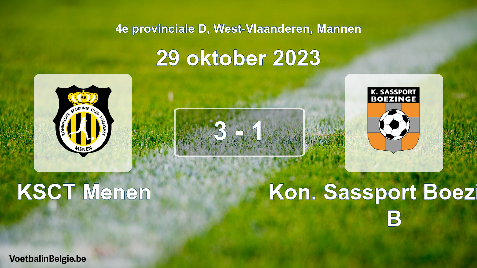 Gespeelde wedstrijd mannenvoetbal: KSCT Menen - Kon. Sassport Boezinge B 3 - 1 (29 oktober 2023)