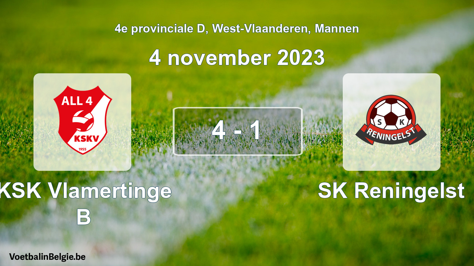 Gespeelde wedstrijd mannenvoetbal: KSK Vlamertinge B - SK Reningelst 4 - 1 (4 november 2023)
