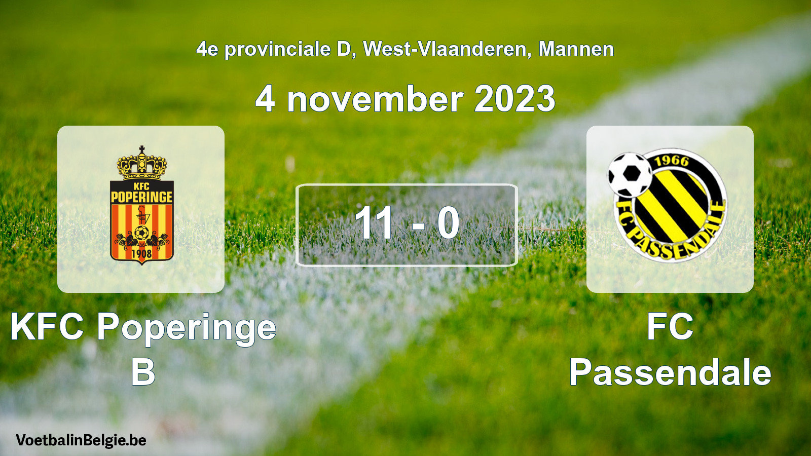 Gespeelde wedstrijd mannenvoetbal: KFC Poperinge B - FC Passendale 11 - 0 (4 november 2023)