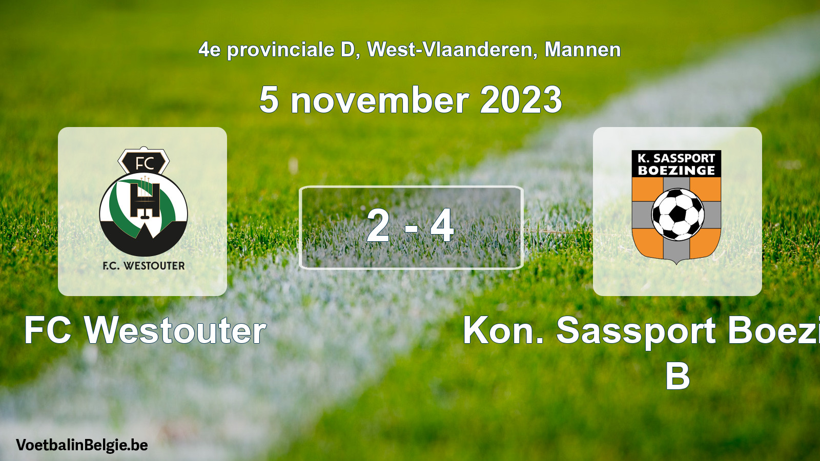 Gespeelde wedstrijd mannenvoetbal: FC Westouter - Kon. Sassport Boezinge B 2 - 4 (5 november 2023)
