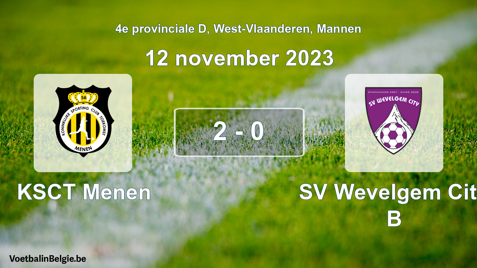 Gespeelde wedstrijd mannenvoetbal: KSCT Menen - SV Wevelgem City B 2 - 0 (12 november 2023)