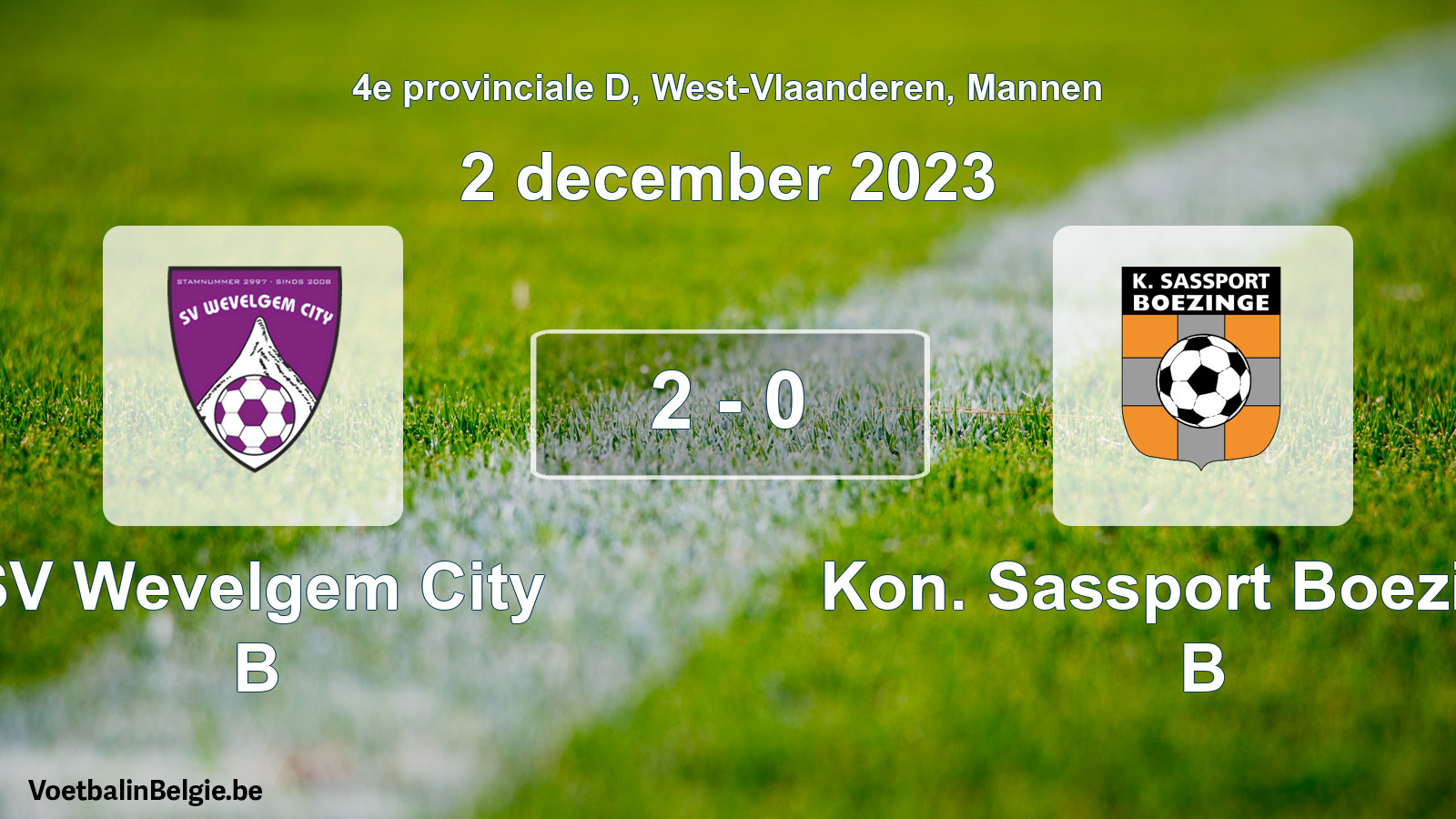 Gespeelde wedstrijd mannenvoetbal: SV Wevelgem City B - Kon. Sassport Boezinge B 2 - 0 (2 december 2023)