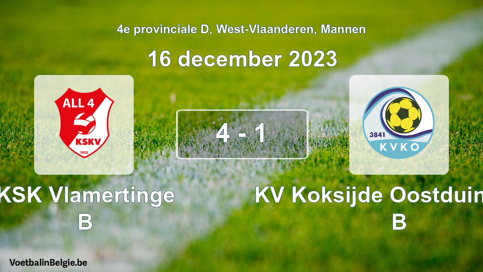 Gespeelde wedstrijd mannenvoetbal: KSK Vlamertinge B - KV Koksijde Oostduinkerke B 4 - 1 (16 december 2023)