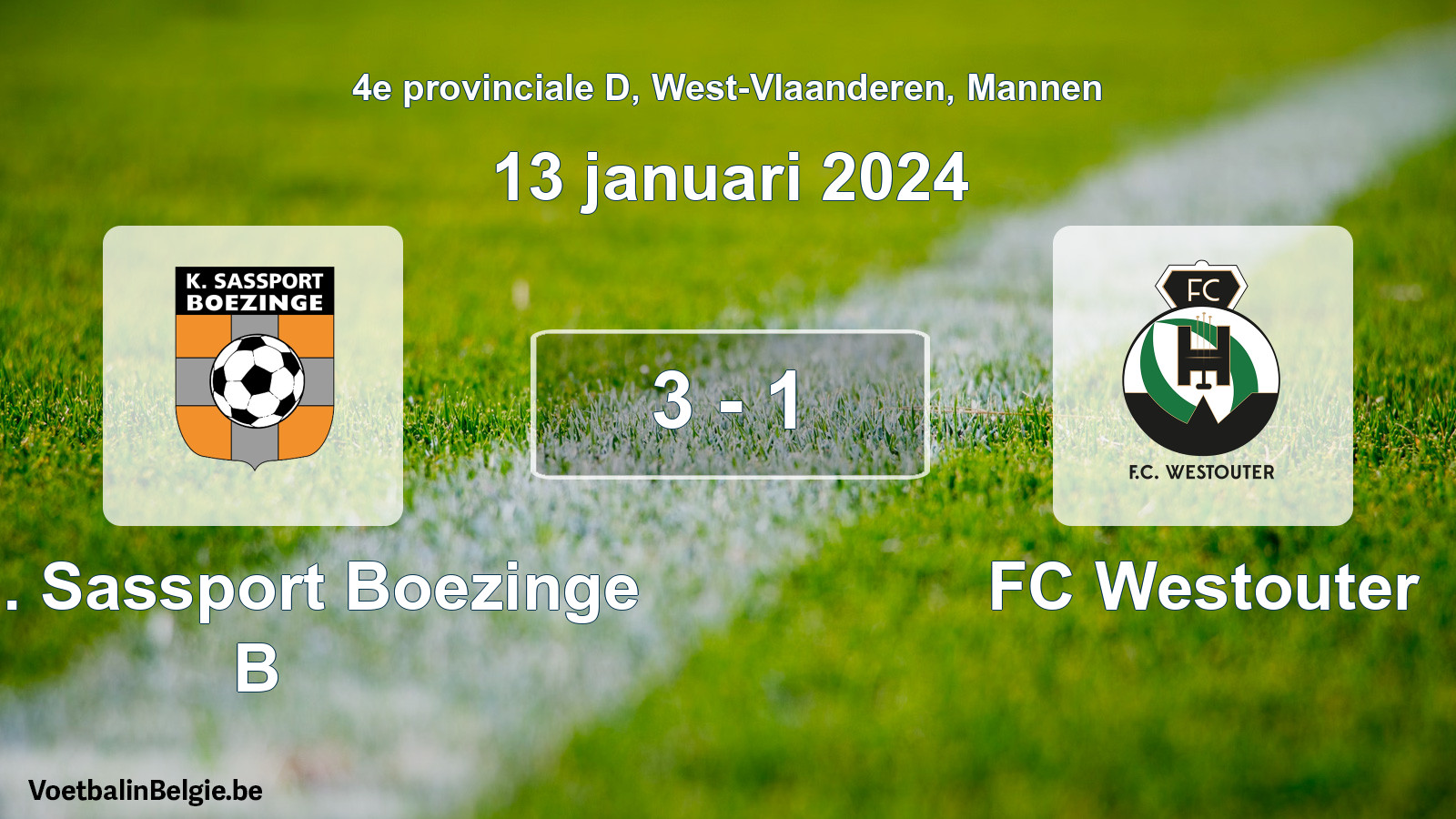 Gespeelde wedstrijd mannenvoetbal: Kon. Sassport Boezinge B - FC Westouter 3 - 1 (13 januari 2024)